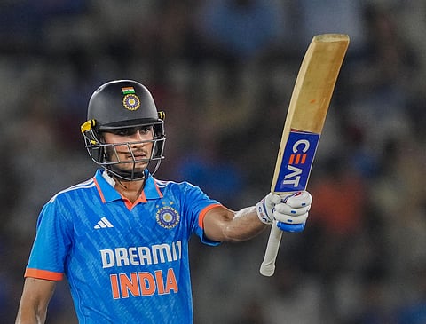 Shubman Gill celebrates his half-century during the first ODI against Australia in Mohali (Photo | PTI)