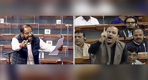 BJP MP Ramesh Bidhuri (L) and BSP MP Kunwar Danish Ali during a session in the Lok Sabha, in New Delhi. (Photo | PTI)