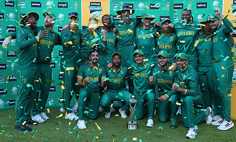 South Africa cricket team celebrates their 3-2 series wine against Australia at the Wanderers Stadium in Johannesburg, South Africa on September 17, 2023. (Photo | AP)