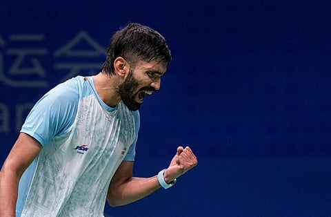 India's Srikanth Kidambi celebrates a point against South Korea's Cho Geonyeop during the semi-final of the men's team badminton event at the Asian Games (Photo | PTI)