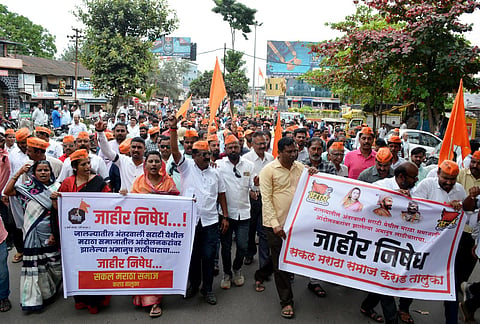 Maratha Kranti Morcha members stage a protest against Jalna administration over lathicharge on protestors demanding Maratha reservation, in Karad, on Sept 2, 2023. (PTI)