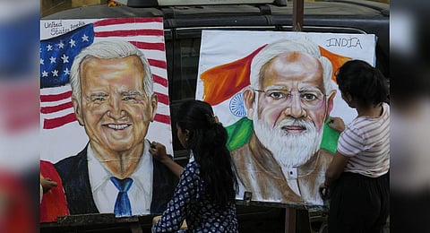 Students of Gurukul school of Art draw portraits of US President Joe Biden and PM Narendra Modi ahead of the upcoming G20 summit, in Mumbai, India, Tuesday, Sept. 5, 2023. (Photo | AP)