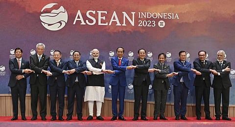 PM Narendra Modi poses with leaders of ASEAN nations during the Association of the Southeast Asian Nations (ASEAN)-India Summit in Jakarta, Sept. 7, 2023. (Photo | AP)
