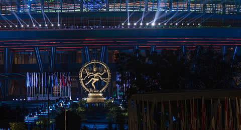 An Illuminated statue of Nataraja stands at the entrance of the main venue for the G20 summit in New Delhi, India, Thursday, Sept. 7, 2022. (Photo | AP)
