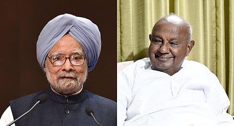 FILE - A collage for former Prime Ministers Manmohan Singh (L) and HD Deve Gowda (R), used for representational purposes only. (Photos | PTI, EPS)