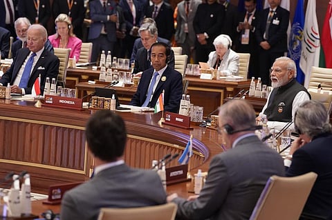 Indian Prime Minister Narendra Modi speaks during the first session of the G20 Summit in New Delhi (Photo | AP)