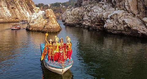 Artists dressed as Lord Rama, Lakshman, Hanuman and goddess Sita take part in a campaign ahead of inauguration of Ram Temple in Ayodhya, at Bhedaghat in Jabalpur, Dec. 31, 2023. (PTI)
