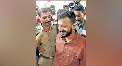 Youth Congress state president Rahul Mamkootathil at Thiruvananthapuram General Hospital where he was brought for medical examination following his arrest on Tuesday | Vincent Pulickal