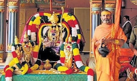 Seer Govindananda Saraswati at a temple in Uttar Pradesh