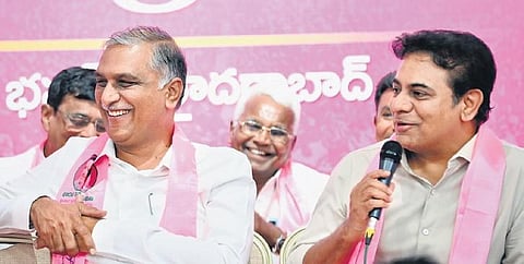 BRS leaders KT Rama Rao and T Harish Rao share a lighter moment during a meeting in Hyderabad on Thursday, January 11, 2024.