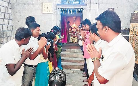 Dalits offering worship at the temple in Pongupalayam on Thursday | Express