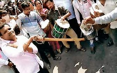 FILE This March, 2019 screen-grab from video showing TRS MLA Gadari Kishore dancing with a sword in Bhongir. (Photo | Express)