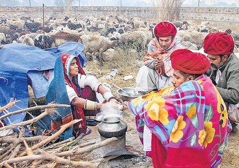People sit near a bonfire during a cold winter day on the outskirts of Gurugram | pti