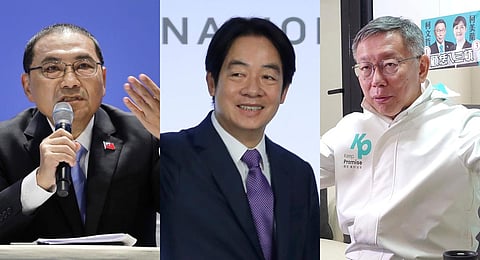 Nationalist Party presidential candidate Hou Yu-ih, Democratic Progressive Party presidential candidate Lai Ching-te, Nationalist Party presidential candidate Hou Yu-ih. (Photo | AP)