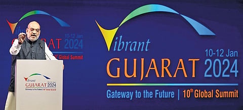 Home Minister Amit Shah during the concluding ceremony of Vibrant Gujarat Global Summit 2024, in Gandhinagar on Friday | pti