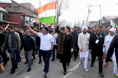 Rahul and Priyanka Gandhi during the final phase of the Bharat Jodo Yatra (Photo | INC)