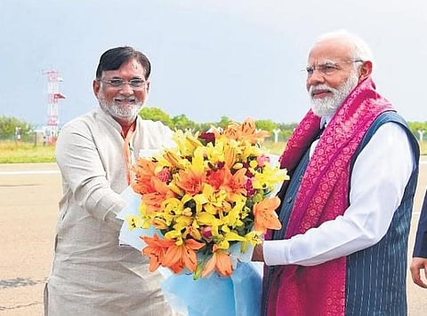  Praful Patel, the administrator of Lakshadweep, welcoming Prime Minister Narendra Modi at Agatti airport 