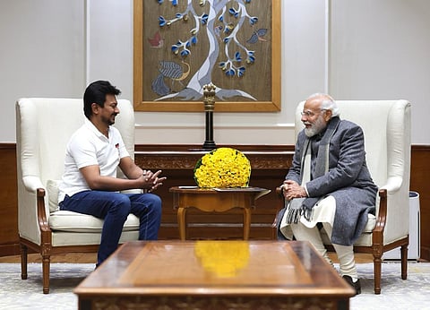 Udhayanidhi Stalin and PM Modi are all smiles at their meeting. (Photo | Special Arrangement)