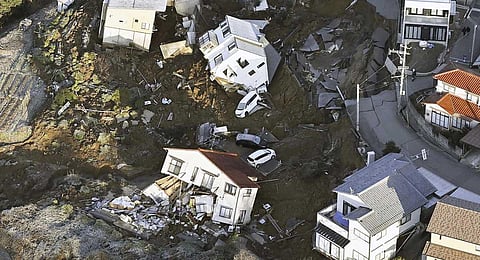 Houses felled by an earthquake are seen in Kanazawa, Ishikawa prefecture, Japan Tuesday, Jan. 2, 2024. (AP)