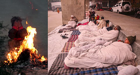 (L-R) A boy sits near a bonfire during a cold and foggy winter morning, in New Delhi. Farmers during their protest outside the NTPC office on a cold winter day, in Noida. (Photo | PTI)