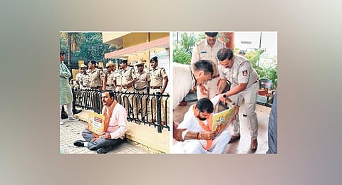 (Left) BJP Karkala MLA Sunil Kumar protests against the recent arrest of a karsevak in Hubballi. Police prevent former BJP MLA CT Ravi from continuing his agitation. (Photo | Express)