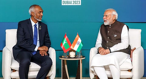 Prime Minister Narendra Modi in a meeting with President of Maldives Mohamed Muizzu during the COP28, in UAE, Dec. 1, 2023. (File Photo | PTI)