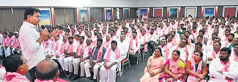 BRS working president KT Rama Rao addresses party workers from Zaheerabad Lok Sabha constituency at Telangana Bhavan on Sunday