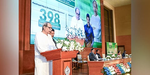  CM Naveen Patnaik addressing Nijukti Parba at Lok Seva Bhawan in Bhubaneswar on Monday. (Photo | EXPRESS )
