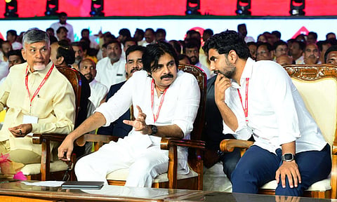 TDP chief N Chandrababu Naidu, TDP general secretary Nara Lokesh and Janasena chief Pawan Kalyan.(Photo | Express)