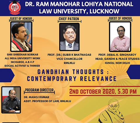 Webinar Alert: RMLNLU to host webinar on "Gandhian Thoughts: Contemporary Relevance" (Oct 2)