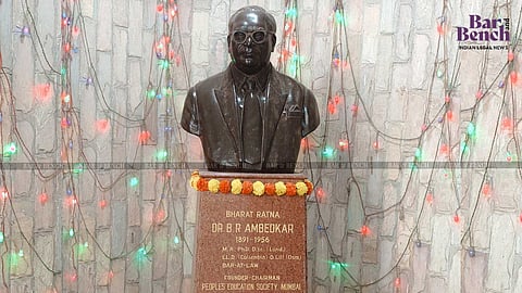 Dr BR Ambedkar's bust outside the library