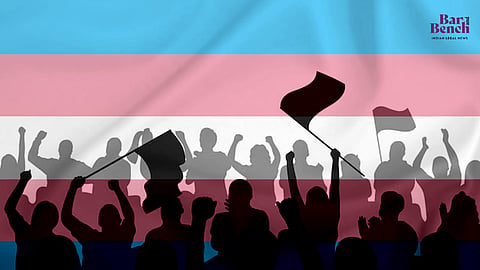 Transgender Pride Flag and People Protesting