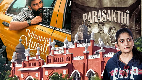 Filmmaker Sudha Kongara, posters of films Parasakthi and Idhayam Murali