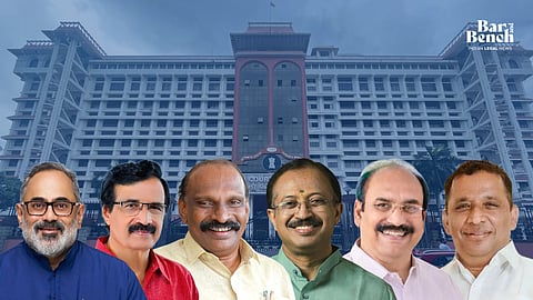 (L-R) Rajeev Chandrasekhar, C Raveendranath, NK Akbar, V Muraleedharan, Rajan Pallan and Reji Cheriyan