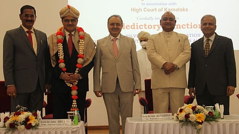 SC Judge A S Oka was felicitated by KSLSA. CJ Awasthi, SC Judge Dinesh Maheshwari are seen