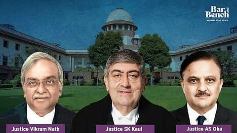 Justices SK Kaul, AS Oka, Vikram Nath with Supreme Court