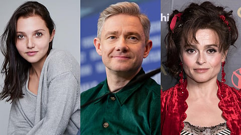 Mia McKenna-Bruce (L), Martin Freeman (M), and Helena Bonham (R)