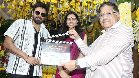 Producer Allu Aravind along with Venkatesh and Meenakshi Chaudhary