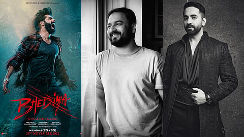 (from left) A poster of Bhediya, Amar Kaushik and Ayushmann Khurrana