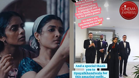 All We Imagine As Light poster (left) and a screenshot from Payal Kapadia's story