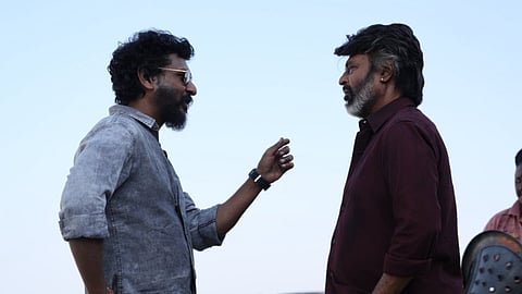 Lokesh Kanagaraj and Rajinikanth on the sets of Coolie