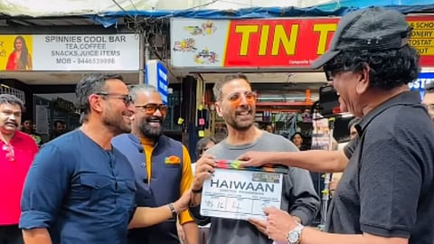 Akshay Kumar and Saif Ali Khan share a cheeky moment with director Priyadarshan as they begin shooting for Haiwaan