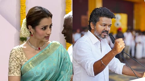 (L) Trisha at the swearing-in ceremony; (R) Vijay at a political rally