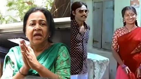 (L) Radikaa at Bhagyaraj's funeral; (R) Bhagyaraj and Radikaa
