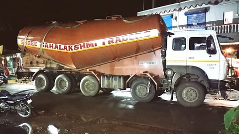 Heavy transport truck on Kerim - Sattari road, Goa. on27 July, 2021.