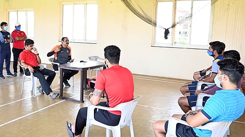 Goa Cricket: Coach K. Bhaskar Pillai interacting with the players.
