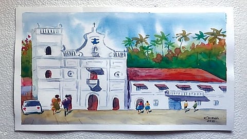 चिराग कामत यांनी जलरंगातून साकार केलेल्या गोवा वेल्हा इथले चर्च.