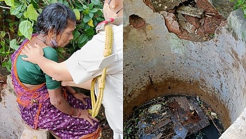 विहीरीत पडलेल्या महीलेला वर काढण्यात आले.यावेळी भयभीत झालेल्या महीलेला धीर देताना महीला पोलीस.