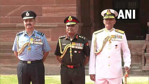 Army Chief Manoj Pandey Air Chief Vivek Ram Chaudhary and Naval Chief R Hari Kumar