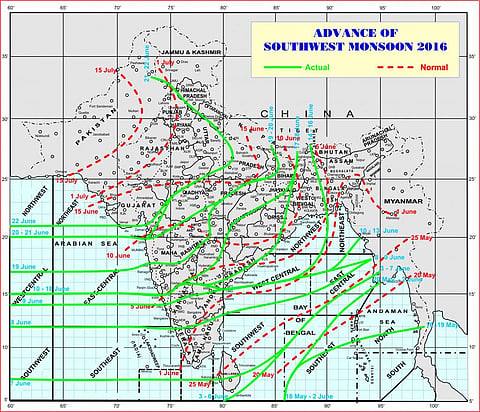 A map showing the progress of the monsoon this year